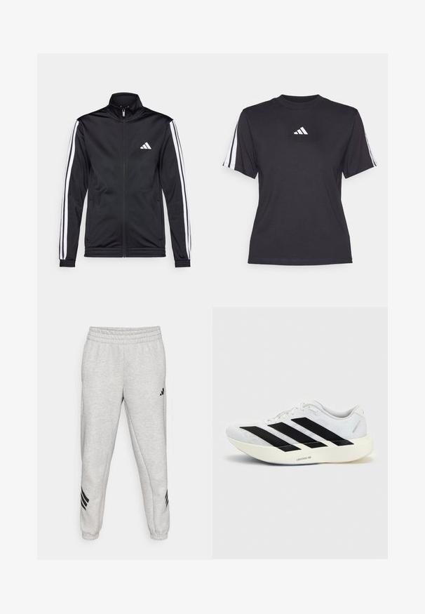 Zwarte sportjack met een hoge kraag, voorrits en witte accentstrepen langs de armen. Bevat een geborduurd wit logo op de borst.; Zwarte sport T-shirt van zacht materiaal, met een ronde hals, korte mouwen en drie witte strepen op elke schouder. Witte logo op de borst.; Lichtgrijze sweatpants met een geribbelde elastische tailleband, taps toelopende pijpen en drie zwarte diagonale strepen nabij de manchetten. Soepele textuur.; Witte hardloopschoen met zwart drie-strepen ontwerp aan de zijkant en dikke witte zool met label "Lightstrike Pro" op een effen achtergrond.
