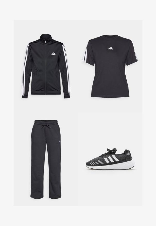 Schwarze Sportjacke mit hohem Kragen, Frontreißverschluss und weißen Akzentstreifen an den Armen. Besitzt ein gesticktes weißes Logo auf der Brust.; Schwarzes Sport-T-Shirt aus weichem Material, mit Rundhalsausschnitt, kurzen Ärmeln und drei weißen Streifen auf jeder Schulter. Weißes Logo auf der Brust.; Schwarze Jogginghose aus weichem Stoff, mit elastischem Bund, Kordelzug und kleinem Logo am linken Bein.; Schwarze Sportschuhe mit einer strukturierten Oberseite, einem weißen Drei-Streifen-Design, einer Gummisohle und kontrastierenden weißen Akzenten an der Ferse.