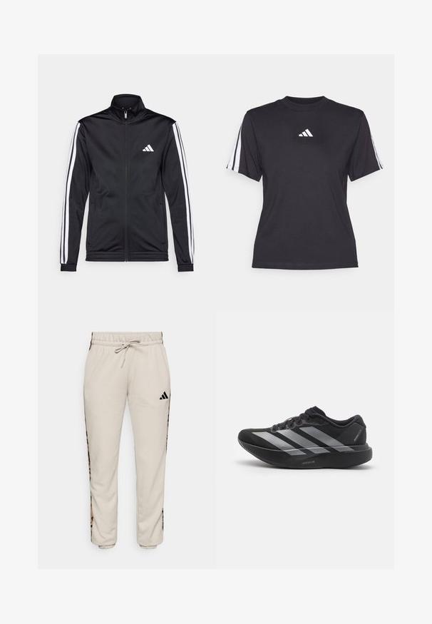 Schwarze Sportjacke mit hohem Kragen, Frontreißverschluss und weißen Akzentstreifen an den Armen. Besitzt ein gesticktes weißes Logo auf der Brust.; Schwarzes Sport-T-Shirt aus weichem Material, mit Rundhalsausschnitt, kurzen Ärmeln und drei weißen Streifen auf jeder Schulter. Weißes Logo auf der Brust.; Hellbeige Sweatpants aus weichem Stoff, mit einem verstellbaren Bund und schwarzen Seitenpaneelen mit einem Leopardenmuster.; Schwarzer Laufschuh mit silbernen Streifen, dicke gepolsterte Sohle beschriftet "Lightstrike Pro", Seitenansicht auf weißem Hintergrund.