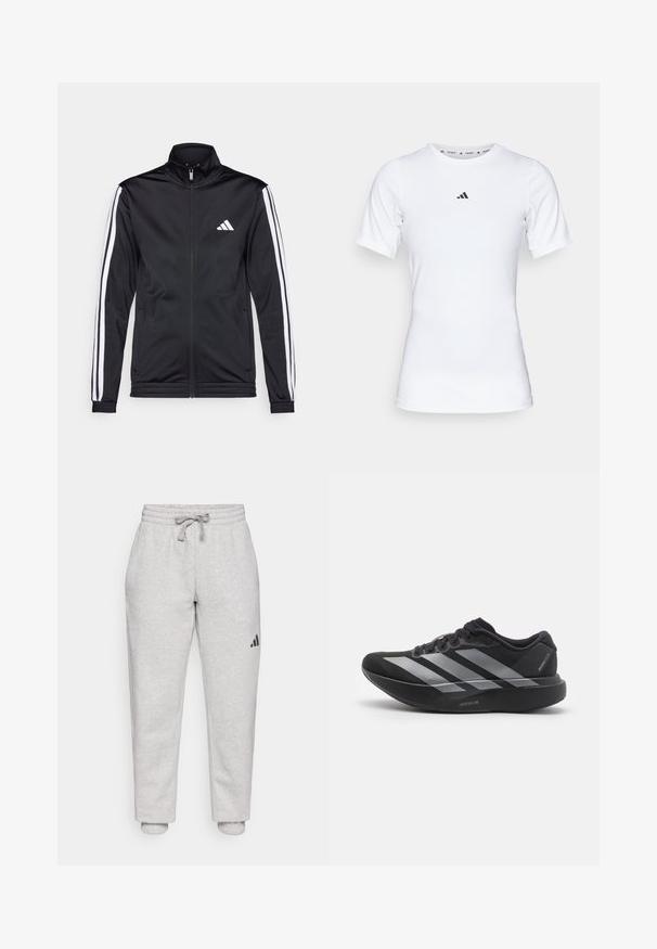 Zwarte sportjack met een hoge kraag, voorrits en witte accentstrepen langs de armen. Bevat een geborduurd wit logo op de borst.; Witte sportshirt met korte mouwen, gemaakt van zachte, rekbare stof. Voorzien van een klein zwart Adidas-logo op de borst.; Lichtgrijze sweatpants met elastische tailleband en trekkoord. Met boorden aan de enkels. Zwarte logo-detail op het linkerbeen. Zacht katoenmateriaal.; Zwarte hardloopschoen met zilveren strepen, dikke gedempte zool met het label "Lightstrike Pro," zijaanzicht op witte achtergrond.