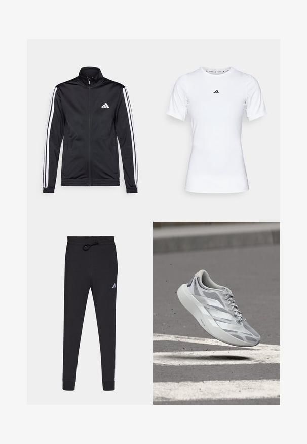 Chaqueta deportiva negra con cuello alto, cremallera frontal y franjas de acento blancas a lo largo de las mangas. Presenta un logo blanco bordado en el pecho.; Camiseta deportiva blanca de manga corta, hecha de una tela suave y elástica. Presenta un pequeño logo negro de Adidas en el pecho.; Pantalones deportivos negros hechos de una tela suave, con cintura elástica y cordón, piernas ajustadas y un pequeño logo blanco de Adidas en el muslo izquierdo.; Zapatilla de correr de color gris claro y blanco en el aire sobre asfalto con marcas blancas en la carretera, mostrando un diseño elegante y una suela amortiguada.