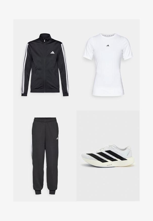 Schwarze Sportjacke mit hohem Kragen, Frontreißverschluss und weißen Akzentstreifen an den Armen. Besitzt ein gesticktes weißes Logo auf der Brust.; Weißes Sportshirt mit kurzen Ärmeln, aus glattem, dehnbarem Stoff. Mit kleinem schwarzem Adidas-Logo auf der Brust.; Schwarze Sporthosen mit einem elastischen Bund, schmal zulaufenden Knöcheln und weißen Seitenstreifen. Hergestellt aus weichem Stoff mit einer glatten Textur.; Weißer Laufschuh mit schwarzem Drei-Streifen-Design an der Seite und dicker weißer Sohle mit der Aufschrift "Lightstrike Pro" auf einfarbigem Hintergrund.