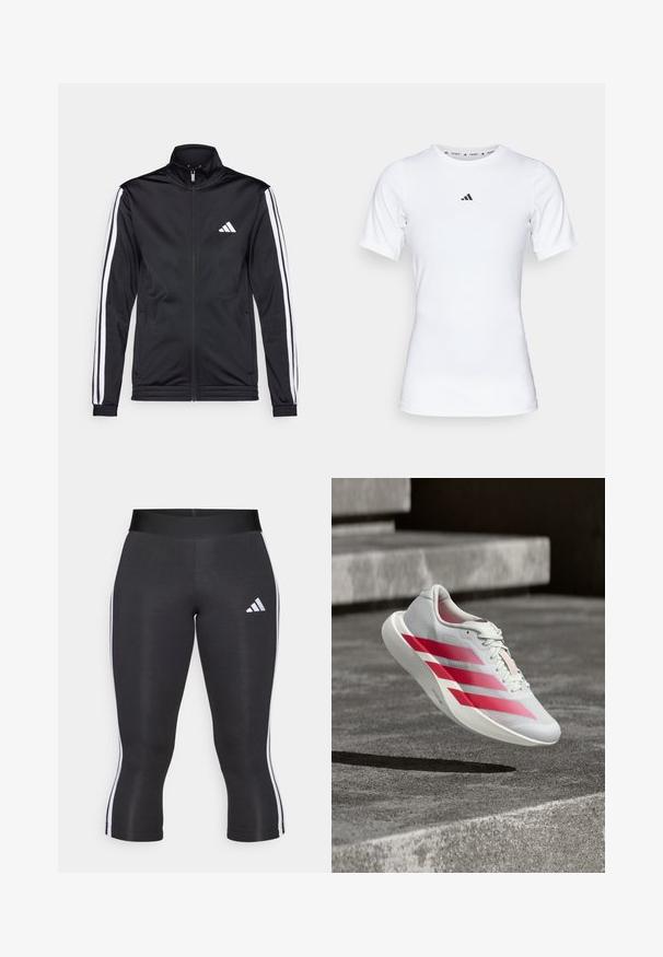 Zwarte sportjack met een hoge kraag, voorrits en witte accentstrepen langs de armen. Bevat een geborduurd wit logo op de borst.; Witte sportshirt met korte mouwen, gemaakt van zachte, rekbare stof. Voorzien van een klein zwart Adidas-logo op de borst.; Zwarte capri leggings met een brede tailleband, voorzien van witte zijkanten en een wit Adidas logo op de linker dij. Glad textuur.; Witte hardloopschoen met drie dikke rode strepen, in de lucht boven betonnen trappen, die het lichte ontwerp en de gestructureerde zool benadrukt.