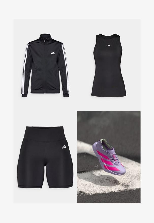 Veste de sport noire avec un col montant, fermeture éclair sur le devant et rayures blanches sur les bras. Elle présente un logo brodé blanc sur la poitrine.; Débardeur de sport noir sans manches en tissu lisse. Il présente un col rond et un petit logo Adidas blanc sur la poitrine.; Shorts de sport noirs en tissu extensible, dotés d'une taille haute, d'une texture lisse et d'un logo à trois bandes blanches sur le côté.; Chaussure de course violet clair avec des rayures et des accents roses, dotée d'un design élégant, d'une tige texturée et d'un col rembourré. Flottant au-dessus d'une surface.
