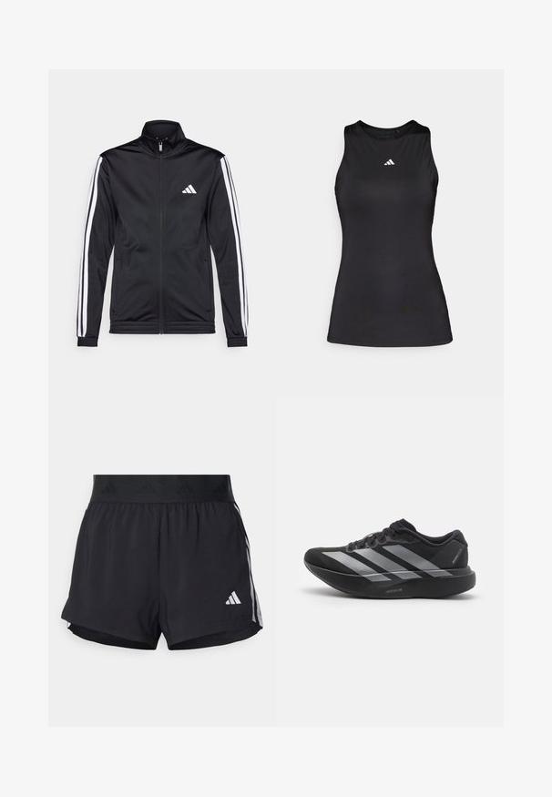 Veste de sport noire avec un col montant, fermeture éclair sur le devant et rayures blanches sur les bras. Elle présente un logo brodé blanc sur la poitrine.; Débardeur de sport noir sans manches en tissu lisse. Il présente un col rond et un petit logo Adidas blanc sur la poitrine.; Shorts de sport noirs avec une taille élastique, dotés d'une bande texturée, de rayures sur les côtés, et d'un logo Adidas blanc sur l'ourlet inférieur.; Chaussure de course noire avec des rayures argentées, semelle épaisse rembourrée étiquetée "Lightstrike Pro," vue de côté sur fond blanc.