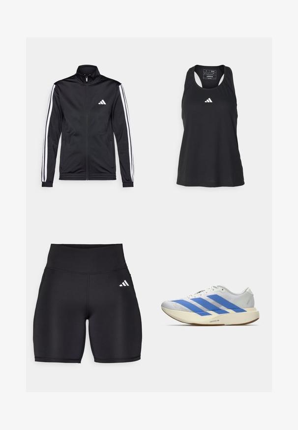 Chaqueta deportiva negra con cuello alto, cremallera frontal y franjas de acento blancas a lo largo de las mangas. Presenta un logo blanco bordado en el pecho.; Camiseta sin mangas negra deportiva con cuello redondo y logo blanco en el pecho. Fabricada con una tela suave y ligera.; Pantalones cortos deportivos negros hechos de una tela elástica, con una cinturilla alta, una textura suave y un logo de tres rayas blancas en el costado.; Zapatilla blanca para correr con tres rayas azules, suela gruesa beige claro etiquetada con "Lightstrike Pro," y cordones blancos sobre un fondo sencillo.