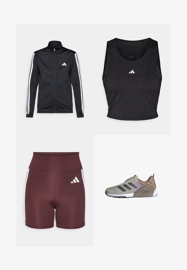 Čierna športová bunda s vysokým golierom, predným zipsom a bielymi akcentmi pozdĺž rukávov. Obsahuje vyšívané biele logo na hrudi.; Čierny športový crop top vyrobený z látky odvádzajúcej vlhkosť, s okrúhlym výstrihom, bez rukávov a bielym logom na hrudníku.; Bordo šortky s vysokým pásom vyrobené z elastického materiálu, s bielymi bočnými pruhmi a bielym logom Adidas na prednej strane.; Bežová atletická obuv s šedými akcentmi, textúrovaný sieťovaný zvršok, polstrovaný golier a dvojitá hustota podrážky s vzorovaným dizajnom a fialovými detailmi.