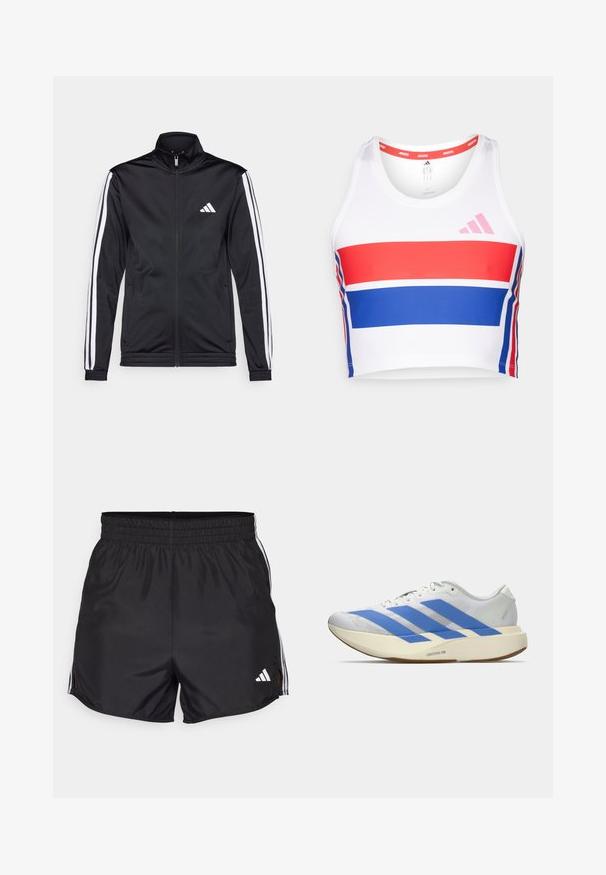 Sort atletisk jakke med høj krave, for-zip og hvide accentstriber langs armene. Har et broderet hvidt logo på brystet.; Kavet atletisk tanktop i hvid med røde og blå vandrette striber. Har pink adidas-logo, rund halsudskæring og glat stoftekstur.; Sort atletiske shorts med elastisk talje, sideslids og hvide tre-stribes detaljer. Har et lille hvidt logo nederst til højre.; Hvid løbesko med tre blå striber, lys beige tyk sål mærket "Lightstrike Pro," og hvide snørebånd på en ensfarvet baggrund.