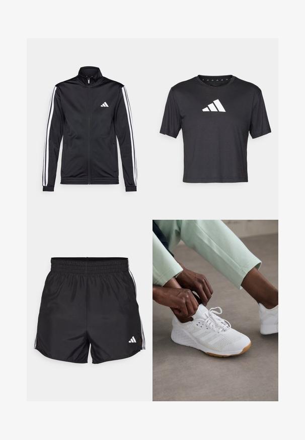 Sort atletisk jakke med høj krave, for-zip og hvide accentstriber langs armene. Har et broderet hvidt logo på brystet.; Sort cropped t-shirt lavet af glat stof, prydet med et hvidt Adidas-logo på brystet, rund halsudskæring og korte ærmer.; Sort atletiske shorts med elastisk talje, sideslids og hvide tre-stribes detaljer. Har et lille hvidt logo nederst til højre.; Hvid sportssko med en overdeles i mesh, gummisål og design med tre striber. Snørebåndene justeres; let grå og mintgrønne klæder synlige.