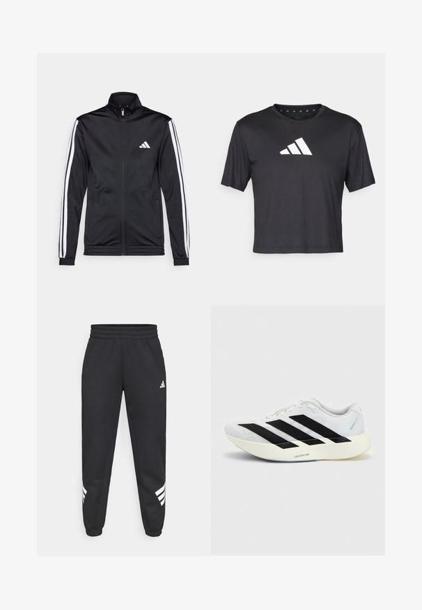 Zwarte sportjack met een hoge kraag, voorrits en witte accentstrepen langs de armen. Bevat een geborduurd wit logo op de borst.; Zwarte cropped t-shirt van gladde stof, met een witte Adidas-logo op de borst, ronde halslijn en korte mouwen.; Zwarte sweatpants met een elastische tailleband, taps toelopende benen en een wit drie-strepenontwerp aan de zijkanten. Gemaakt van zachte stof.; Witte hardloopschoen met zwart drie-strepen ontwerp aan de zijkant en dikke witte zool met label "Lightstrike Pro" op een effen achtergrond.