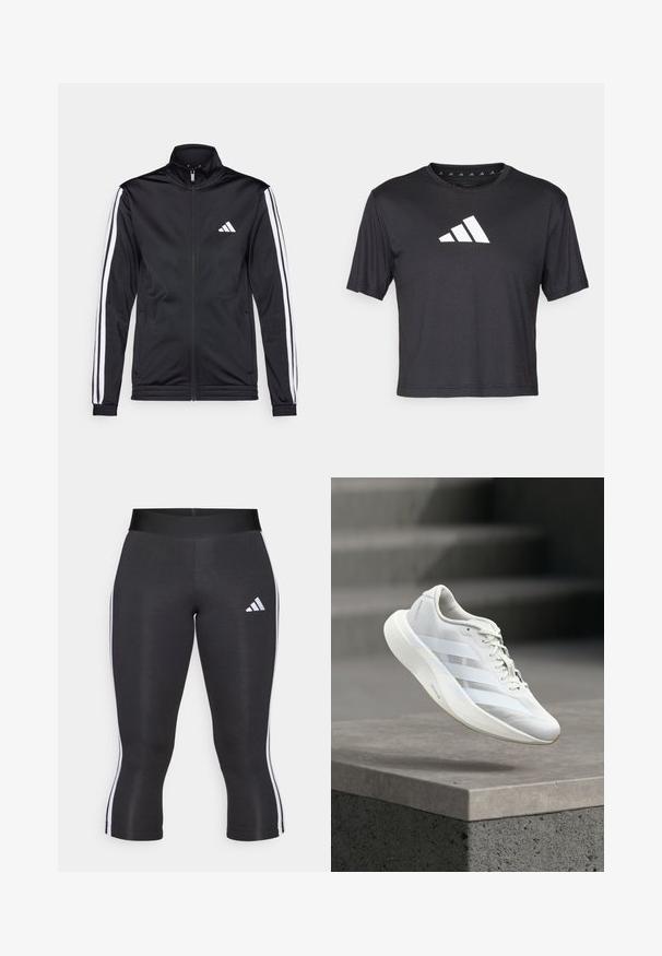 Sort atletisk jakke med høj krave, for-zip og hvide accentstriber langs armene. Har et broderet hvidt logo på brystet.; Sort cropped t-shirt lavet af glat stof, prydet med et hvidt Adidas-logo på brystet, rund halsudskæring og korte ærmer.; Sorte capri leggings med en bred talje, udstyret med hvide sideløsninger og et hvidt Adidas-logo på venstre lår. Glat tekstur.; Hvid atletiksko med en struktureret overlæder, tre laterale striber, polstret sål og rundet tå, placeret over en betongulv.