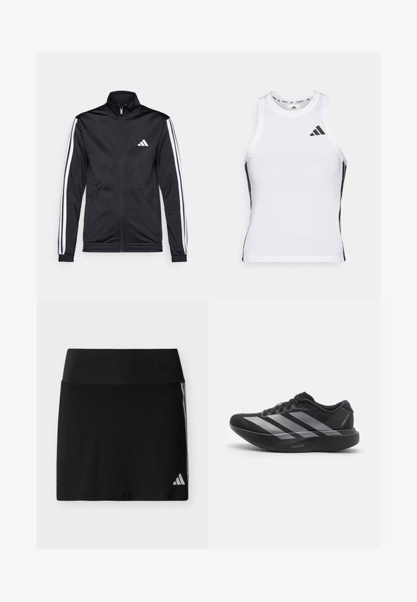 Sort atletisk jakke med høj krave, for-zip og hvide accentstriber langs armene. Har et broderet hvidt logo på brystet.; Hvid athletic tanktop med sorte sideaccentuer og logo. Har en scoop-neckline og tætsiddende design, lavet af letvægts, åndbart materiale.; Sort atletisk nederdel med bred talje, diskrete sidestriber og et lille Adidas-logo nederst til højre.; Sort løbesko med sølvstriber, tyk polstret sål mærket "Lightstrike Pro," set fra siden på hvid baggrund.