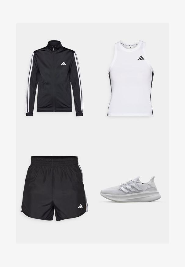 Veste de sport noire avec un col montant, fermeture éclair sur le devant et rayures blanches sur les bras. Elle présente un logo brodé blanc sur la poitrine.; Débardeur de sport blanc avec des accents latéraux noirs et un logo. Il présente une encolure arrondie et un design ajusté, fabriqué en matériau léger et respirant.; Shorts de sport noirs avec une taille élastique, fentes latérales et accents à trois bandes blanches. Présente un petit logo blanc en bas à droite.; Baskets blanches avec une tige en maille texturée, des rayures latérales tridimensionnelles et une semelle épaisse marquée 'LIGHT BOOST'.