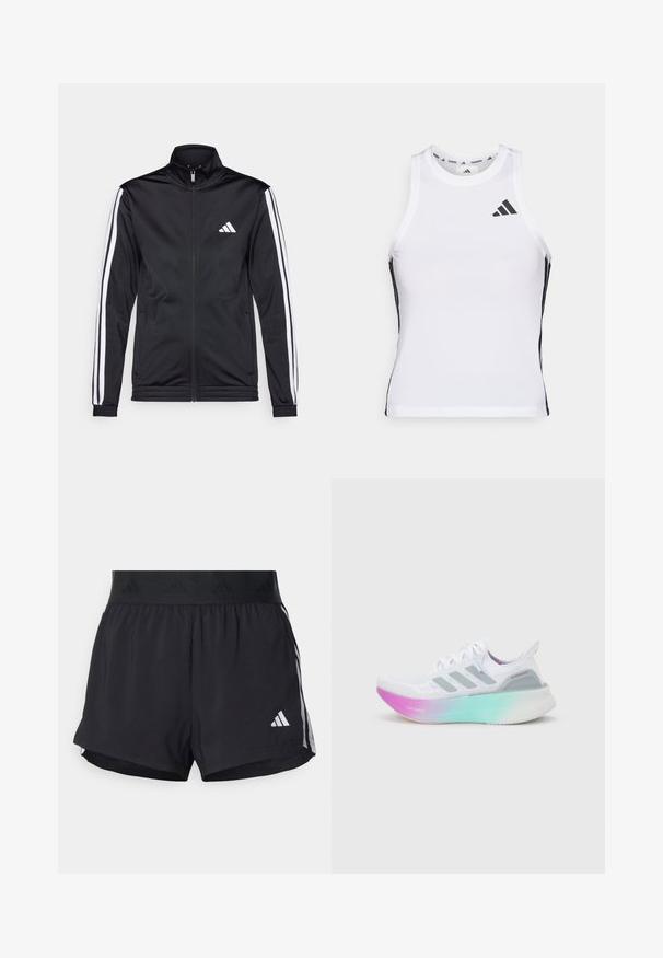 Sort atletisk jakke med høj krave, for-zip og hvide accentstriber langs armene. Har et broderet hvidt logo på brystet.; Hvid athletic tanktop med sorte sideaccentuer og logo. Har en scoop-neckline og tætsiddende design, lavet af letvægts, åndbart materiale.; Sorte sport shorts med elastisk talje, der har et tekstureret bånd, sidestreger og et hvidt Adidas-logo på den nederste kant.; Hvid Adidas løbesko med grå striber og en tyk sål, der går fra pink til grøn, med teksten "Lightboost" og "Ultraboost".