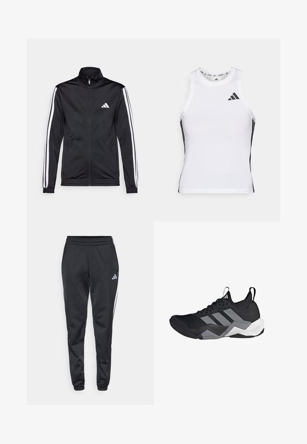 Veste de sport noire avec un col montant, fermeture éclair sur le devant et rayures blanches sur les bras. Elle présente un logo brodé blanc sur la poitrine.; Débardeur de sport blanc avec des accents latéraux noirs et un logo. Il présente une encolure arrondie et un design ajusté, fabriqué en matériau léger et respirant.; Pantalons de sport noirs avec une taille élastique, des jambes effilées et des bandes latérales blanches. Présente un petit logo gris en forme de trèfle sur la cuisse gauche.; Chaussure de sport noire avec une tige en maille respirante, des accents gris, une semelle texturée et trois rayures distinctives sur le côté.