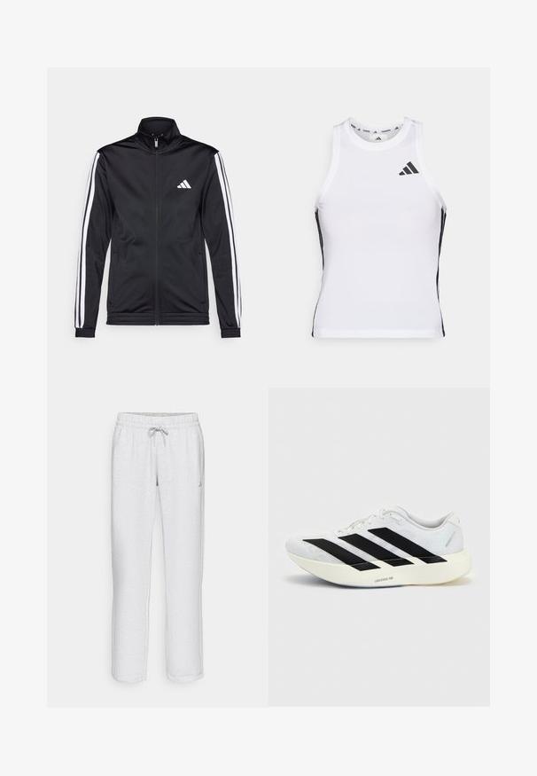 Zwarte sportjack met een hoge kraag, voorrits en witte accentstrepen langs de armen. Bevat een geborduurd wit logo op de borst.; Witte sportieve tanktop met zwarte zijaccenten en logo. Heeft een ronde halslijn en een getailleerd design, gemaakt van lichtgewicht, ademend materiaal.; Witte, rechte sweatpants met een elastische tailleband, trekkoord en subtiele textuur. Bevat een klein logo aan de linkerzijde.; Witte hardloopschoen met zwart drie-strepen ontwerp aan de zijkant en dikke witte zool met label "Lightstrike Pro" op een effen achtergrond.