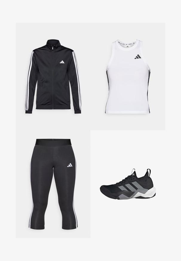 Chaqueta deportiva negra con cuello alto, cremallera frontal y franjas de acento blancas a lo largo de las mangas. Presenta un logo blanco bordado en el pecho.; Camiseta deportiva blanca sin mangas con acentos laterales negros y logotipo. Presenta un escote en forma de scoop y un diseño ajustado, fabricada con material ligero y transpirable.; Leggings capri negros con una cinturilla ancha, que cuentan con franjas laterales blancas y un logo de Adidas en blanco en el muslo izquierdo. Textura suave.; Zapatilla deportiva negra con parte superior de malla transpirable, acentos grises, suela texturizada y tres distintivas franjas en el costado.