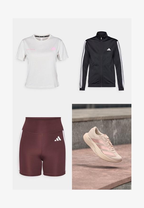 Sort atletisk jakke med høj krave, for-zip og hvide accentstriber langs armene. Har et broderet hvidt logo på brystet.; Lys grå T-shirt med korte ærmer, der har en rund hals, "ADIDAS RUNNING" trykt i pink, med pink Adidas-logo på brystet. Blød stoftekstur.; Maroone højtaljede shorts lavet af strækbart materiale, med hvide sidelister og Adidas-logoet i hvidt på forsiden.; Lyserød sneaker med tre mørkere lyserøde striber og snørebånd, svævende i luften over en stens overflade og trin i baggrunden.
