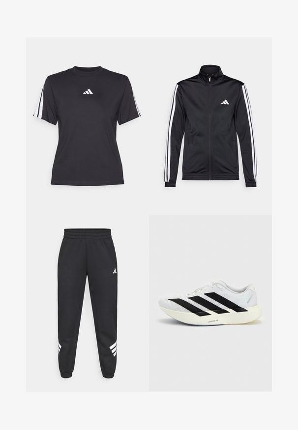 Schwarze Sportjacke mit hohem Kragen, Frontreißverschluss und weißen Akzentstreifen an den Armen. Besitzt ein gesticktes weißes Logo auf der Brust.; Schwarzes Sport-T-Shirt aus weichem Material, mit Rundhalsausschnitt, kurzen Ärmeln und drei weißen Streifen auf jeder Schulter. Weißes Logo auf der Brust.; Schwarze Jogginghose mit elastischem Bund, schmal zulaufenden Beinen und weißem Drei-Streifen-Design an den Seiten. Hergestellt aus weichem Material.; Weißer Laufschuh mit schwarzem Drei-Streifen-Design an der Seite und dicker weißer Sohle mit der Aufschrift "Lightstrike Pro" auf einfarbigem Hintergrund.