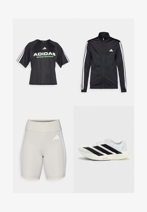 Schwarze Sportjacke mit hohem Kragen, Frontreißverschluss und weißen Akzentstreifen an den Armen. Besitzt ein gesticktes weißes Logo auf der Brust.; Schwarzes Sportshirt mit einem strukturierten Muster, ausgestattet mit einem grünen "ADIDAS SPORTSWEAR"-Logo und drei weißen Streifen an jedem Ärmel.; Beige Sportshorts mit hohem Bund, glatter Textur, drei weißen Streifen an den Seiten und einem kleinen weißen Logo auf der Vorderseite.; Weißer Laufschuh mit schwarzem Drei-Streifen-Design an der Seite und dicker weißer Sohle mit der Aufschrift "Lightstrike Pro" auf einfarbigem Hintergrund.