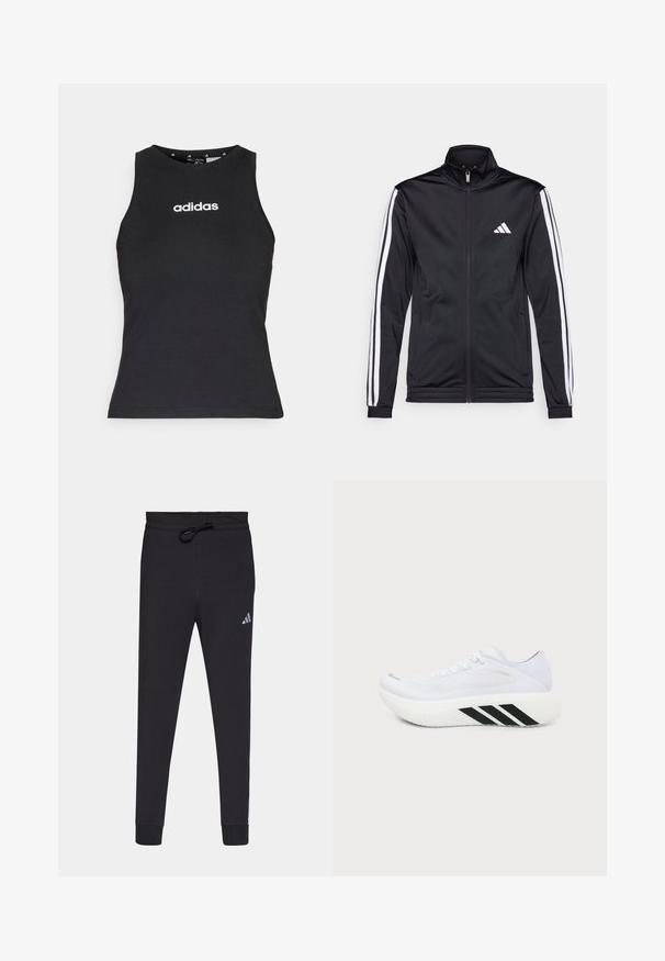 Schwarze Sportjacke mit hohem Kragen, Frontreißverschluss und weißen Akzentstreifen an den Armen. Besitzt ein gesticktes weißes Logo auf der Brust.; Schwarzes ärmelloses Oberteil aus Baumwolle mit einem runden Halsausschnitt und dem weißen "adidas"-Logo in der Mitte der Brust. Glatte Textur, normale Passform.; Schwarze Sporthose aus weichem Stoff, mit einem Kordelzugbund, schmal zulaufenden Beinen und einem kleinen weißen Adidas-Logo am linken Oberschenkel.; Weißer Sportschuh mit dicker Sohle, schwarzen diagonalen Streifen an der Zwischensohle, Mesh-Obermaterial und Schnürsenkeln, von der Seite auf neutralem Hintergrund gezeigt.
