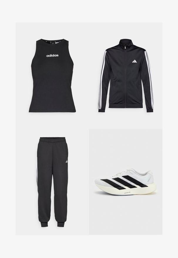 Veste de sport noire avec un col montant, fermeture éclair sur le devant et rayures blanches sur les bras. Elle présente un logo brodé blanc sur la poitrine.; Haut sans manches noir en coton, avec un col rond et le logo "adidas" blanc centré sur la poitrine. Texture lisse, coupe normale.; Pantalons de sport noirs avec une taille élastique, des chevilles fuselées et des bandes latérales blanches. Fabriqués en tissu doux avec une texture lisse.; Chaussure de running blanche avec motif trois bandes noires sur le côté et semelle blanche épaisse étiquetée "Lightstrike Pro" sur fond uni.