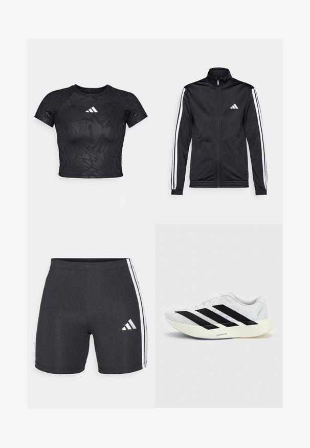 Sort atletisk jakke med høj krave, for-zip og hvide accentstriber langs armene. Har et broderet hvidt logo på brystet.; Sort cropped atletisk t-shirt med et struktureret mønster, korte ærmer og et hvidt logo på brystet. Materialet ser glat og fleksibelt ud.; Sorte atletiske shorts lavet af strækstof, præget af hvide sidelister og et Adidas-logo på den nedre højre ben. Glat tekstur.; Hvid løbesko med sort tre-stribet design på siden og tyk hvid sål mærket "Lightstrike Pro" på ensfarvet baggrund.
