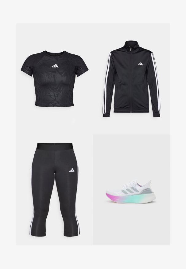 Sort atletisk jakke med høj krave, for-zip og hvide accentstriber langs armene. Har et broderet hvidt logo på brystet.; Sort cropped atletisk t-shirt med et struktureret mønster, korte ærmer og et hvidt logo på brystet. Materialet ser glat og fleksibelt ud.; Sorte capri leggings med en bred talje, udstyret med hvide sideløsninger og et hvidt Adidas-logo på venstre lår. Glat tekstur.; Hvid Adidas løbesko med grå striber og en tyk sål, der går fra pink til grøn, med teksten "Lightboost" og "Ultraboost".