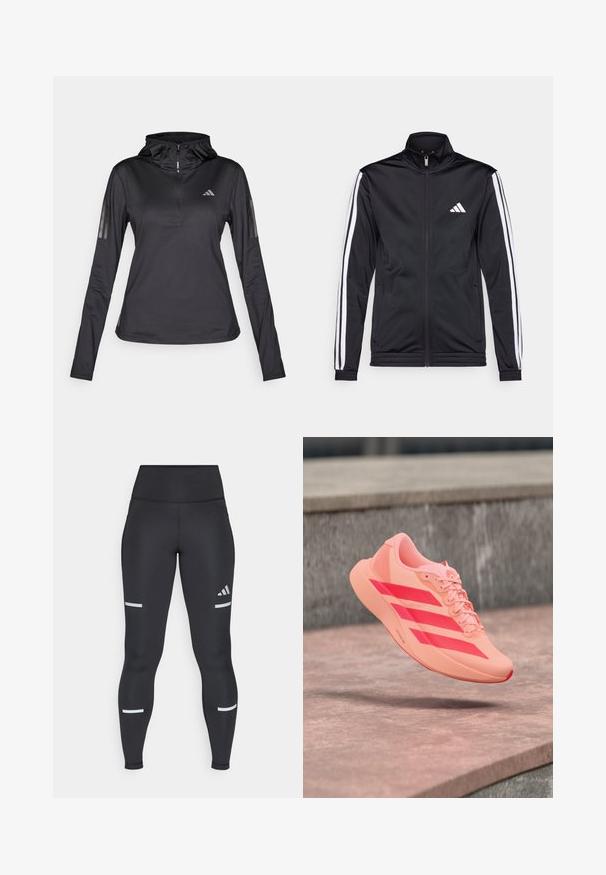 Chaqueta deportiva negra con cuello alto, cremallera frontal y franjas de acento blancas a lo largo de las mangas. Presenta un logo blanco bordado en el pecho.; Sudadera atlética negra de manga larga con Media cremallera, tejido texturizado, capucha ajustable y franjas reflectantes en las mangas. Presenta un logotipo en el pecho.; Leggings negros con una cinturilla alta, hechos de material suave. Presentan rayas reflectantes blancas cerca de las rodillas y un logo de Adidas.; Zapatilla deportiva color coral claro con rayas y cordones rojos brillantes flotando sobre escalones de piedra en un entorno exterior.
