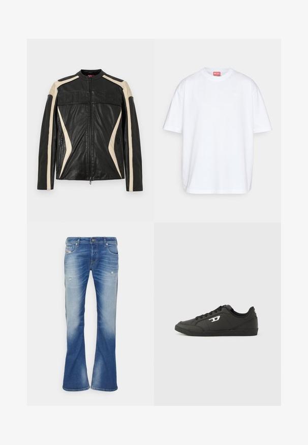 Sort læderjakke med cremefarvede accenter, lynlåslukning, høj krave og præget "DIESEL"-logo tværs over brystet. Tekstureret finish og slank pasform.; Diesel BOGGY MEGOVAL - T-shirts print - white; Blå, falmede bootcut jeans med let slid på forsiden af lårene og klassisk fem-lomme design på hvid baggrund.; Sorte syntetiske sneakers med en struktureret sort sål, rund tå og flade sorte snørebånd. Fremtrædende hvidt logo på ydersiden.