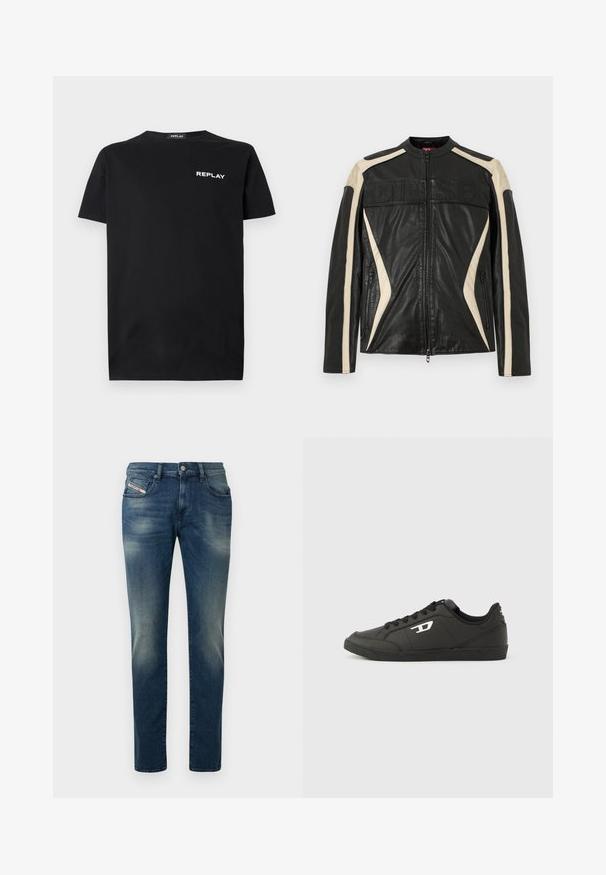 Schwarze Lederjacke mit cremefarbenen Akzenten, Reißverschluss, hohem Kragen und geprägt "DIESEL" Logo auf der Brust. Strukturierte Oberfläche und schlanke Passform.; Schwarzes Baumwoll-T-Shirt mit kurzen Ärmeln und Rundhalsausschnitt, mit einem weißen "REPLAY"-Logo auf der linken Brustseite. Glatte Textur.; Dunkelblaue Jeans aus Denim mit verwaschenem Look, geradem Bein und leicht abgenutztem Knie. Verfügt über Vordertaschen und einen Metallknopfverschluss.; Schwarze Sneakers aus synthetischem Material mit einer strukturierten schwarzen Sohle, rundem Zehenbereich und flachen schwarzen Schnürsenkeln. Auffälliges weißes Logo auf der Außenseite.