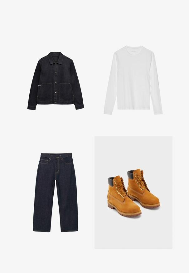 Schwarze Denimjacke mit Knopfleiste vorne, zwei großen Vordertaschen, langen Ärmeln und einem klassischen spitzen Kragen.; Langärmeliges weißes T-Shirt aus weicher Baumwolle, mit rundem Ausschnitt und glatter Textur ohne sichtbare Muster oder Akzente.; Dunkelblaue Jeanshosen mit lockerem Sitz, goldfarbenen Nähten, vorderem Knopfverschluss und zwei seitlichen Taschen.; Lederarbeitsstiefel in Tan mit schwarzem gepolstertem Kragen, goldenen Ösen und braunen Gummisohlen. Mit kontrastierenden Nähten und einem Logo an der Seite.