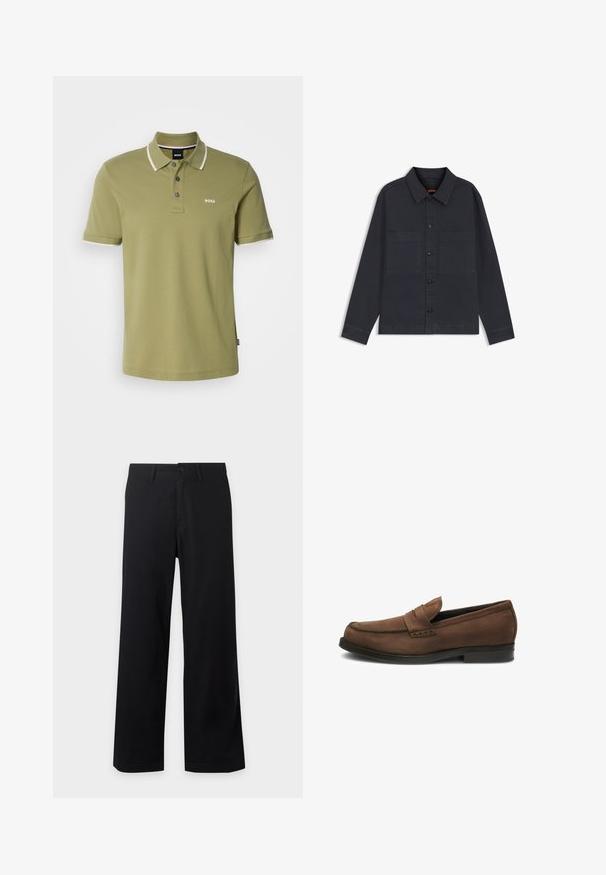 Camisa negra de manga larga con botones, dos bolsillos delanteros en el pecho y cuello, colocada plana sobre un fondo blanco.; Polo de color verde oliva con una tapeta de tres botones, cuello y puños en blanco contrastante, y un pequeño logo blanco de "BOSS" en el pecho.; Pantalones negros de pierna ancha con cierre de botones frontales y trabillas para cinturón, mostrados planos sobre un fondo claro.; Mocasines de ante marrón con diseño tipo mocasín, con empeine cosido y estilo sin cordones. Suelas planas de goma que proporcionan estabilidad y comodidad.
