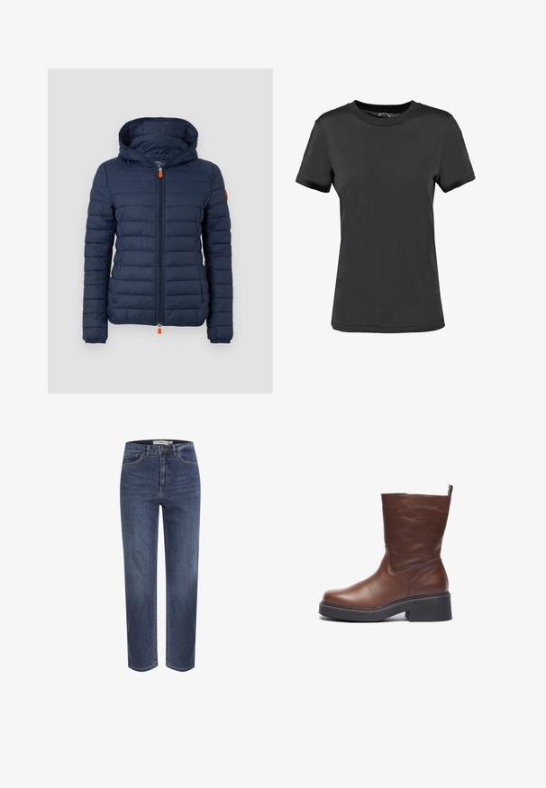 Marineblaue, aufgeblähte Jacke mit Kapuze, gestepptem Design, Frontreißverschluss, seitlichen Taschen und orangefarbenem Akzent am Reißverschluss und am Ärmel-Logo.; Schwarzes T-Shirt mit kurzen Ärmeln aus glattem Stoff. Verfügt über einen Rundhalsausschnitt ohne sichtbare Muster oder Akzente und bietet ein einfaches Design.; Blaue Jeans mit geradem Bein, vorderen Taschen, Gürtelschlaufen und Knopfverschluss, dargestellt vor weißem Hintergrund.; Braune Leder-Ankle Boots mit runder Zehenform, dicker schwarzer Plattformsohle und kurzem Schaft. Mit einem Zugband für einfaches Anziehen.