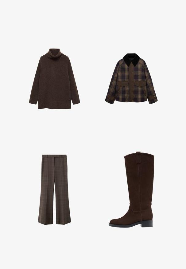 Brun og ternet jakke med en sort kordfløjlskrage, to forlommer og knaplukning. Lavet af et tekstureret stof.; Brun turtle neck sweater lavet af blødt strikstof. Har lange ærmer og en afslappet pasform med høj krave for ekstra varme.; Brune brede benbukser med subtilt ternet mønster, bæltestropper og frontfold, vist på en hvid baggrund.; Høj mørkebrun ruskindsstøvle med lav stablet hæl og rundet tå, med en trækkemærke øverst på skaftet.