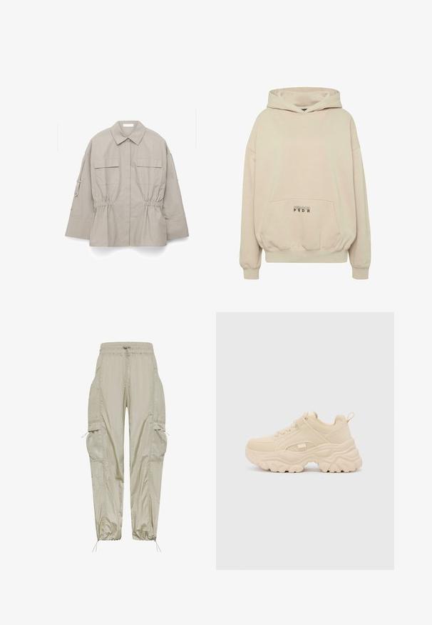 Chaqueta beige de manga larga con cuello puntiagudo, dos bolsillos delanteros con solapa, cintura fruncida y detalle de botón en la manga, colocada en posición plana sobre fondo blanco.; Sudadera con capucha beige con bolsillo frontal, puños acanalados y capucha con cordón. Texto "PECADOR PGDR" impreso en el área del bolsillo.; Pantalones cargo beige ligeros, con cintura elástica, cierre con cordón, detalles de bolsillos de malla y puños recogidos para un ajuste ajustable.; Buffalo GALACTICA - Zapatillas - cream