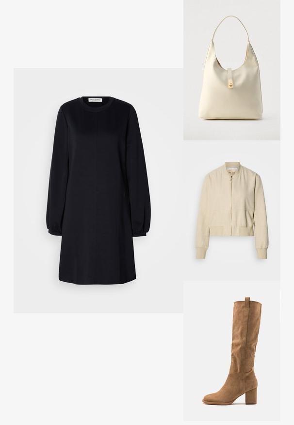 Veste bomber courte beige en tissu léger, avec fermeture éclair frontale, poignets côtelés et texture lisse.; Robe noire à manches longues avec un col rond, coupe ample et poignets froncés. Tissu lisse avec un design simple et minimaliste.; Botte en daim beige hauteur genou avec un talon bloc, présentant des accents cousus et une silhouette épurée pour un look moderne.; Sac hobo en cuir couleur crème avec une seule bandoulière, texture lisse et un détail de fermoir doré à l'avant.