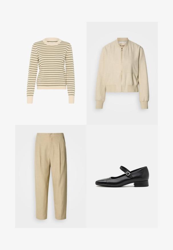 Beige cropped bomberjack gemaakt van lichtgewicht stof, met een ritssluiting aan de voorkant, geribbelde manchetten en een gladde textuur.; Gestreepte trui in crème en olijfgroen, met een ribbelrand bij de ronde hals, lange mouwen en een aansluitende zoom. Zachte breistekstuur.; Beige linnen broeken met een relaxed fit, voorzien van plooien aan de voorkant, een tailleband en taps toelopende benen die net boven de enkel eindigen.; Zwarte leren Mary Jane schoenen met een gepatenteerde neus, verstelbare enkelband en lage blokhak. Een gladde textuur en een elegante uitstraling.