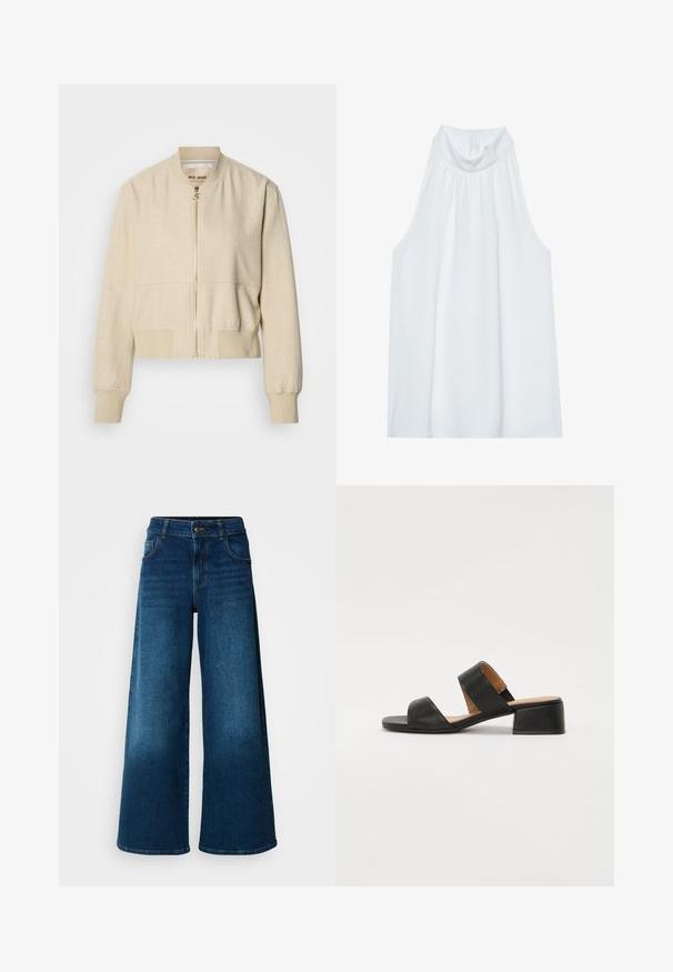 Cazadora bomber beige recortada hecha de tela ligera, con cremallera frontal, puños acanalados y textura suave.; Top blanco sin mangas con cuello alto, confeccionado en una tela suave, con detalles fruncidos en el escote y una cremallera oculta en la parte posterior.; Jeans de pierna ancha hechos de denim azul oscuro. Presentan una cintura alta, cierre de botón y un diseño clásico de cinco bolsillos con un ligero desgaste.; Sandalia de cuero negra con dos correas anchas que cruzan el pie, punta cuadrada y tacón bajo en bloque. Textura suave y diseño minimalista.