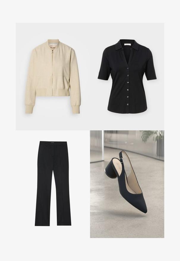 Veste bomber courte beige en tissu léger, avec fermeture éclair frontale, poignets côtelés et texture lisse.; Chemise noire à manches courtes avec col, six boutons sur le devant, et une silhouette légèrement cintrée.; Pantalon noir à coupe droite, en tissu lisse et sans motifs visibles. Conçu avec des poches avant classiques et un zip.; Escarpin noir à talon haut et bride arrière, avec un bout pointu, une texture lisse et un accent en métal sur le talon, doté d'une petite boucle réglable.