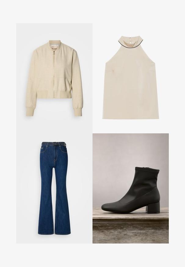 Beige cropped bomberjakke lavet af letvægtsstof, med en frontlynlås, ribstrikkede ærmegab og en glat tekstur.; Beige, ærmeløs halterneck-top i glat stof med høj krave og lynlås bagpå, der har et minimalistisk design uden synlige mønstre.; Blå denim flared jeans med høj talje, kontraststing og et vævet bælte med flettet design. Glat tekstur og klassisk stil.; Sort ankelstøvle med en glat, skinnende læderfinish, en skrå blokhælkappe og en tætsiddende, elastisk overdel for en slank silhuet.