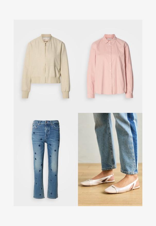 Beige verkürzte Bomberjacke aus leichtem Stoff, mit einem Frontreißverschluss, gerippten Bündchen und einer glatten Textur.; Helles rosa Langarmhemd aus Baumwolle mit Button-down-Kragen, durchgehender Knopfleiste und sportlichem Schnitt. Glatte Textur.; Hellblaue Jeans aus Denim mit geradem Bein, verziert mit navyblauer floralem Stickerei und einem Used-Look-Effekt nahe den Taschen und dem Saum.; Blassrosa Slingback-Ballerinas mit spitzem Punkt, aus einem glatten, lederähnlichen Material. Mit Ausschnitten an den Seiten und einem flachen Absatz.