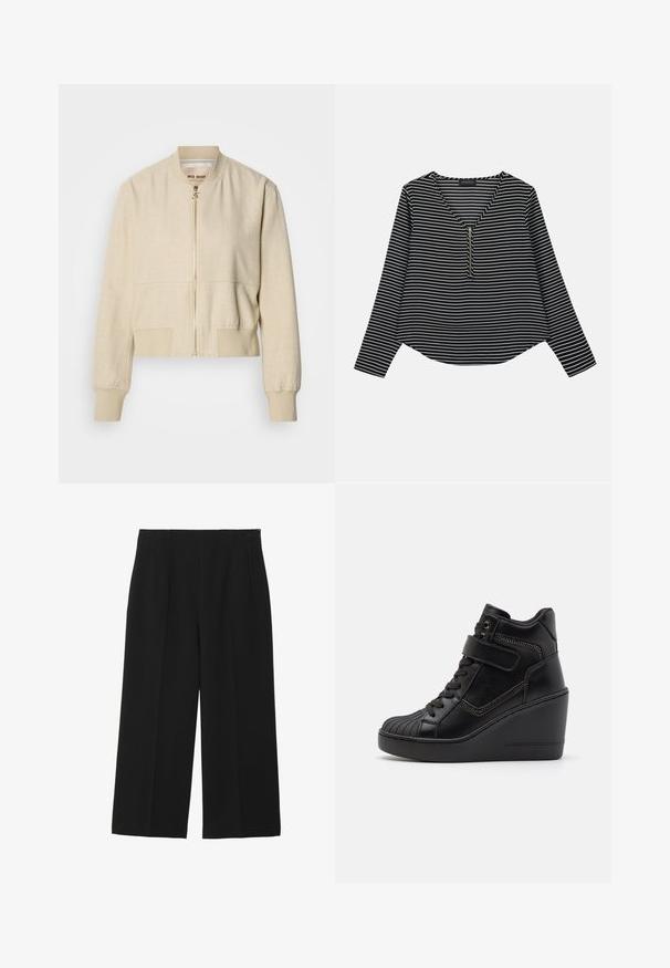 Beige cropped bomberjack gemaakt van lichtgewicht stof, met een ritssluiting aan de voorkant, geribbelde manchetten en een gladde textuur.; Zwart-witte gestreepte longsleeve top met een v-hals en een rits in het midden. De stof lijkt glad, met een ontspannen, iets cropped pasvorm.; Zwarte wijde broek gemaakt van een gladde stof, met twee voorkruiszakken, een vlakke voorkant en een ritssluiting aan de zijkant.; Zwarte hoge wedge sneakers van glad leer, met vetersluiting aan de voorkant, verstelbare band en decoratieve ritsaccenten.