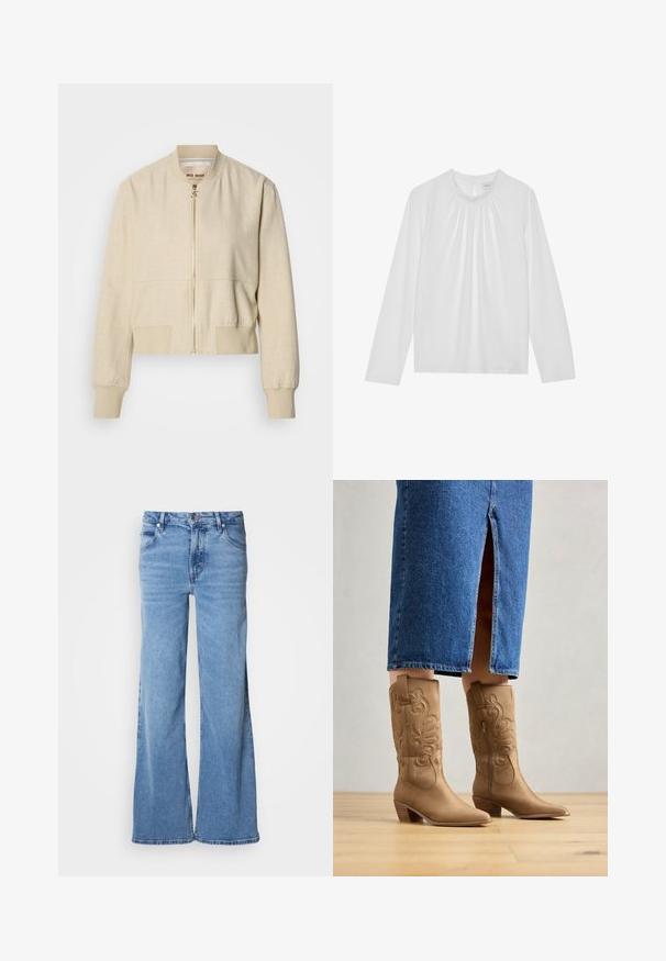 Beige cropped bomberjack gemaakt van lichtgewicht stof, met een ritssluiting aan de voorkant, geribbelde manchetten en een gladde textuur.; Witte langemouwen top met een ronde halslijn en gathers rond de kraag. Gemaakt van gladde stof en heeft een sleutelgatsluiting aan de achterkant.; Lichtblauwe jeans met wijde pijpen, gemaakt van denim. Voorzien van een klassiek ontwerp met vijf zakken en een zichtbare knoopsluiting. Zachte textuur en een eenvoudige afwerking.; Tan leren westernlaarzen met decoratieve stiksels, een spitse neus en een gestapelde hak. Draag met een spijkerrok tot de knie, waardoor de laarzen zichtbaar zijn.