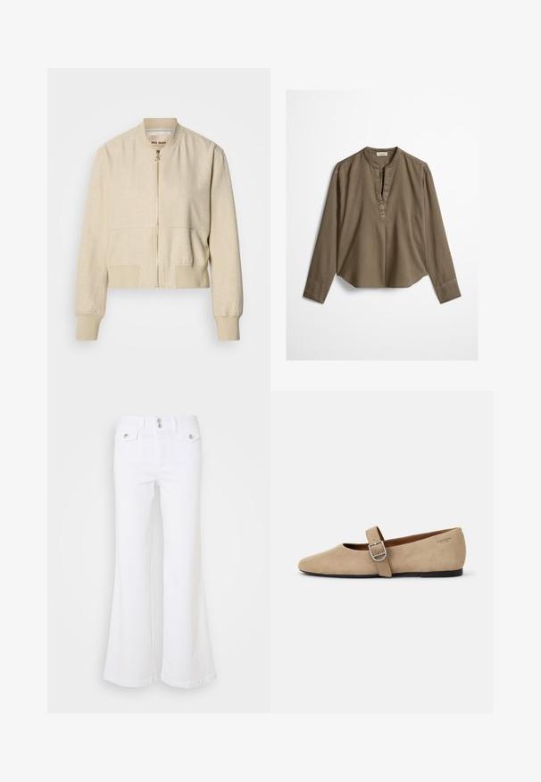 Beige cropped bomberjakke lavet af letvægtsstof, med en frontlynlås, ribstrikkede ærmegab og en glat tekstur.; Brun langærmet casual bluse med mandarin-krave, frontplisse og let buet kant, lagt fladt på en hvid baggrund.; Hvide udsvingende jeans lavet af denim, med høj talje, to forlommer og sølvknapdetaljer på en ensfarvet baggrund.; Beige ruskind Mary Jane flade sko med spids tå og et enkelt justerbart strop med en sølv spænde. Sort flad sål.