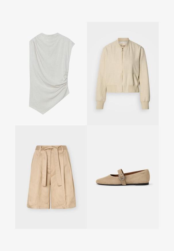 Beige cropped bomberjakke lavet af letvægtsstof, med en frontlynlås, ribstrikkede ærmegab og en glat tekstur.; Lys beige top med en rund halsudskæring, asymmetrisk kant og samlede detaljer på den ene side. Fremstillet af et blødt, struktureret stof.; Beige højtaljede shorts med bæltestropper, stofbælte og vide ben, vist mod en ensfarvet baggrund.; Beige ruskind Mary Jane flade sko med spids tå og et enkelt justerbart strop med en sølv spænde. Sort flad sål.