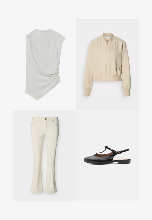 Beige cropped bomberjakke lavet af letvægtsstof, med en frontlynlås, ribstrikkede ærmegab og en glat tekstur.; Lys beige top med en rund halsudskæring, asymmetrisk kant og samlede detaljer på den ene side. Fremstillet af et blødt, struktureret stof.; Cremefarvede kvinde bootcut-jeans med knap foran, lynlås og forlommer på hvid baggrund.; Sort læder flad slingback-sko med T-rem og guldlås på neutral baggrund.