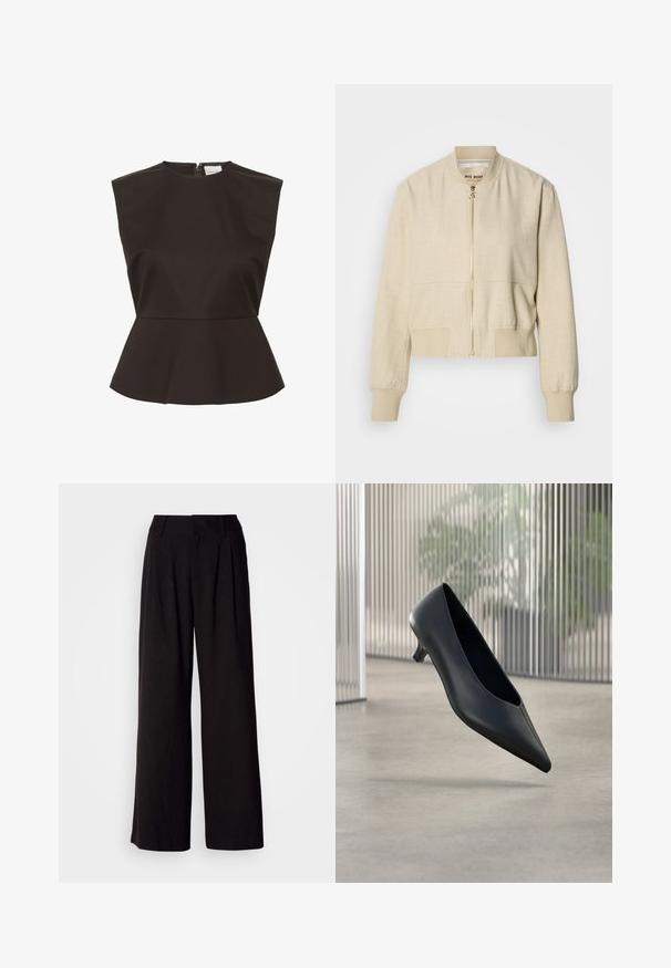 Veste bomber courte beige en tissu léger, avec fermeture éclair frontale, poignets côtelés et texture lisse.; Top peplum noir avec un col montant, des épaules structurées et une fermeture éclair dissimulée à l'arrière, fabriqué dans un tissu lisse.; Pantalon large noir en tissu lisse, avec des plis à l'avant, une taille ajustée, et sans motifs ni accents visibles.; Chaussure noire à talon kitten à bout pointu flottant au-dessus d'un sol en béton lisse avec des panneaux translucides verticaux en arrière-plan.