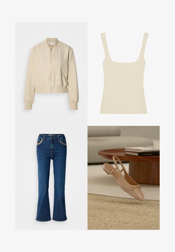 Beige cropped bomberjakke lavet af letvægtsstof, med en frontlynlås, ribstrikkede ærmegab og en glat tekstur.; Ribbet tanktop i lys beige med firkantet halsudskæring og tynde skulderstropper, lavet af blødt og strækbart stof.; Mørkeblå brede jeans med en glat denimoverflade, kontrasterende gyldne syninger og forlommer. Klassisk fem-lomme design.; Beige læder slingback flad sko med gulddetalje på spænde, placeret i luften over et vævet tæppe, et træ sofabord og stablede bøger i baggrunden.