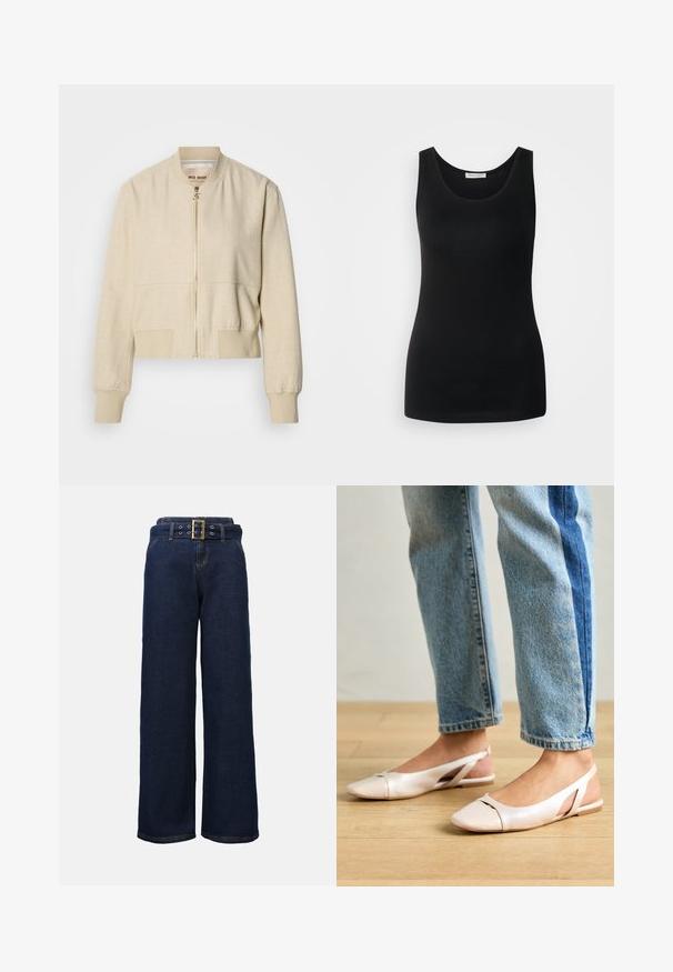 Beige cropped bomberjakke lavet af letvægtsstof, med en frontlynlås, ribstrikkede ærmegab og en glat tekstur.; Sort ærmeløs tanktop, lavet af glat stof, har en klassisk rund halsudskæring og en tætsiddende design. Ingen mønstre eller detaljer.; Mørkeblå, vide denimbukser med stiklommer og et matchende bælte med en stor rektangulær guldspænde.; Lyserøde slingback flade sko med spidse tær, lavet af et glat læderlignende materiale. Har udskæringsdetaljer på siderne og en flad hæl.